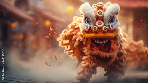 Lion dance street performance. Celebration of Chinese New Year Festival.