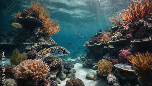 Cinematic underwater footage of a diverse marine ecosystem with exotic creatures and vibrant coral.