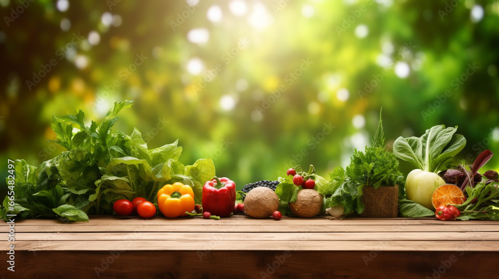 fresh organic vegetables on wooden background with copy space