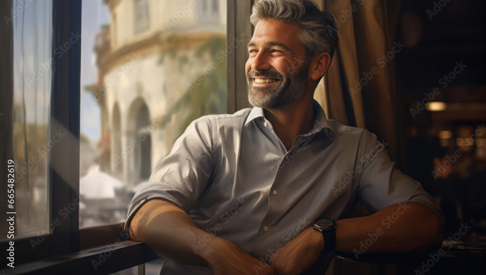 Happy smiling confident european middle aged older Man small local business owner standing outside Cafe looking away and day dreaming. Old senior entrepreneur portrait. Entrepreneurship Happy smiling confident european middle aged older Man small local business owner standing outside Cafe looking away and day dreaming. Old senior entrepreneur portrait. Entrepreneurship