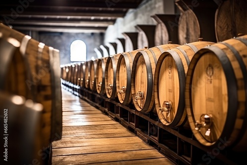 Wooden oak Port barrels in neat rows.