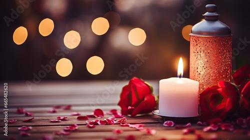 Candle with roses. Romantic evening atmosphere with soft focus.
