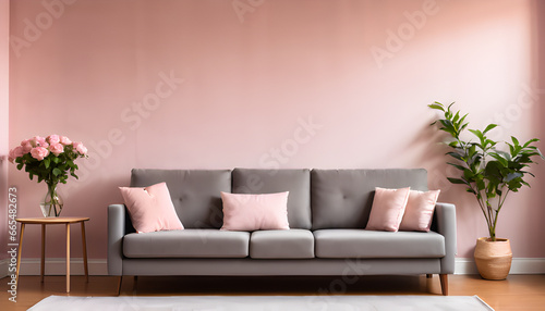 Living room with pink wall and grey couch