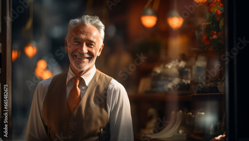 Happy smiling confident european middle aged older Man small local business owner standing outside Cafe looking away and day dreaming. Old senior entrepreneur portrait. Entrepreneurship
