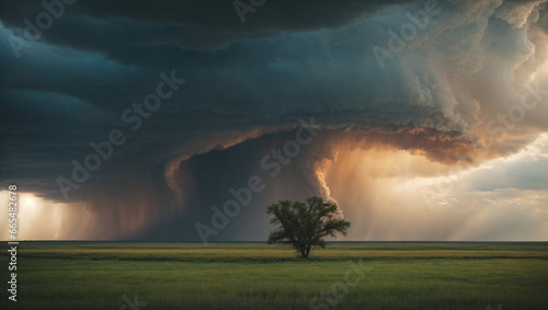 Dramatic time-lapse of a tornado forming against a dramatic sky over an open prairie landscape. photo