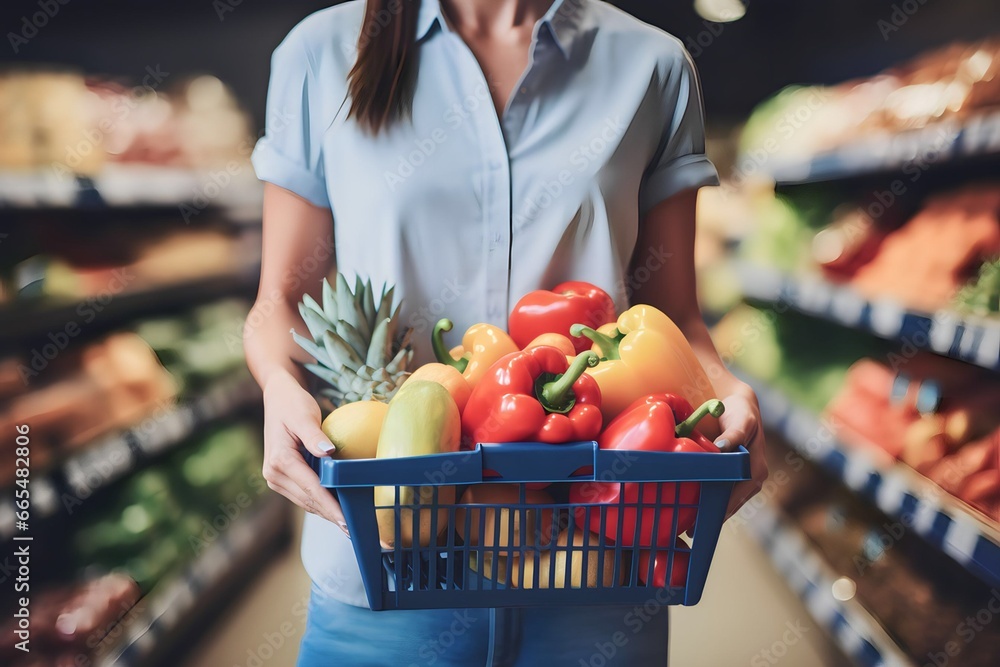 woman holding basket of food vegetables in grocery store or supermarket