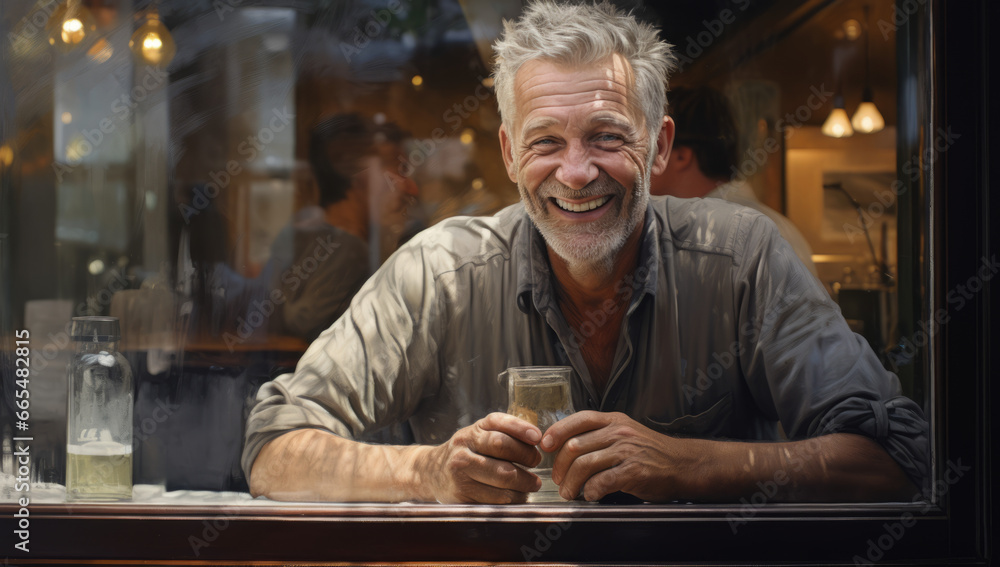 Happy smiling confident european middle aged older Man small local business owner standing outside Cafe looking away and day dreaming. Old senior entrepreneur portrait. Entrepreneurship
