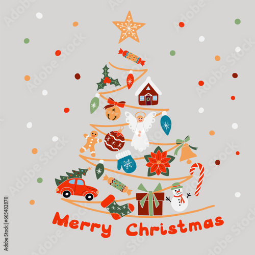 Christmas tree with traditional items. Greeting card or poster in flat minimalistic style. Graphic composition with text Merry Christmas. Hand drawn winter holiday elements.