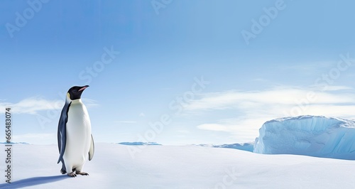 Penguin standing in Antarctica looking into the blue sky.