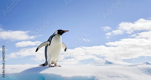 Penguin standing in Antarctica looking into the blue sky.