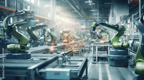 An autonomous factory floor with robots handling various production tasks