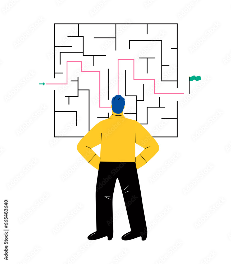Business man standing in front of a maze with a solution to success. Flat vector illustration isolated on white background Business man standing in front of a maze with a solution to success. Flat vector illustration isolated on white background