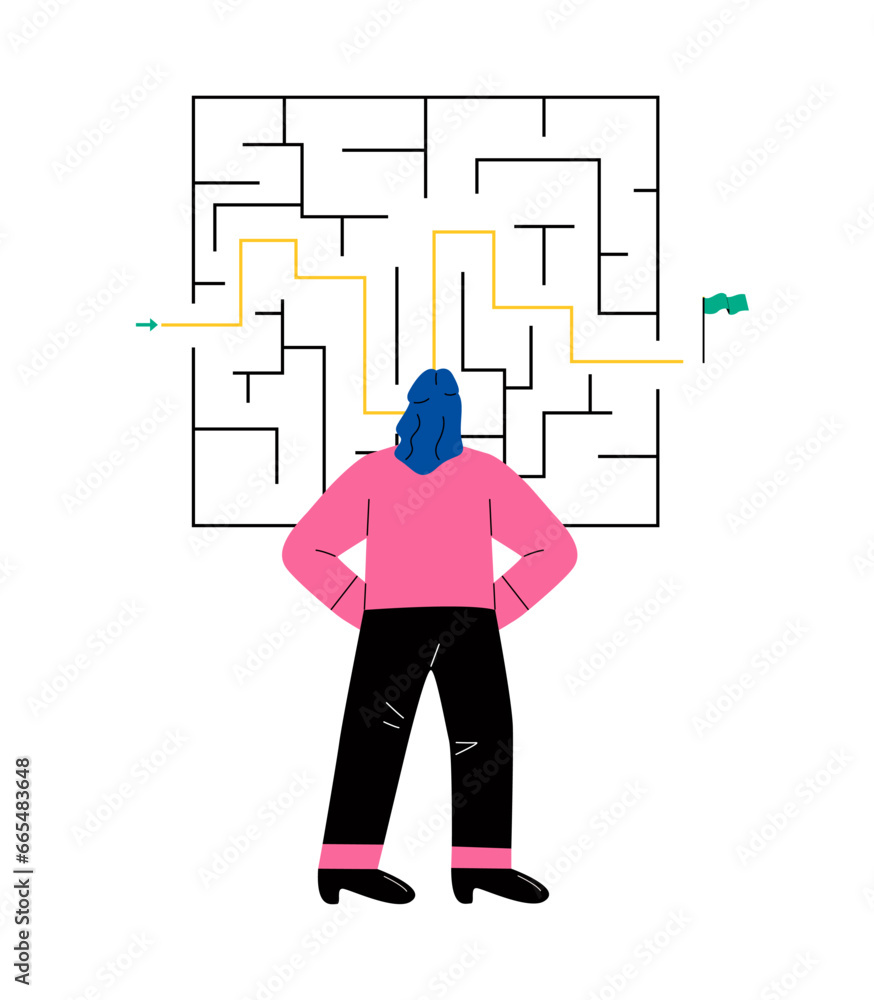 Business woman standing in front of a maze with a solution to success. Flat vector illustration isolated on white background Business woman standing in front of a maze with a solution to success. Flat vector illustration isolated on white background