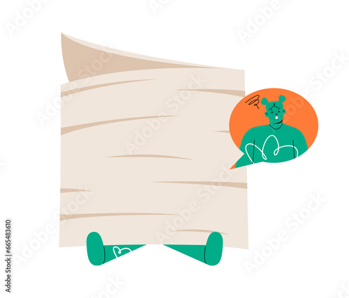 Woman under stack of papers. Colorful vector illustration
