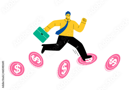 Business man runs on big  dollar coin. Money and finance concept. Flat vector illustration isolated on white background