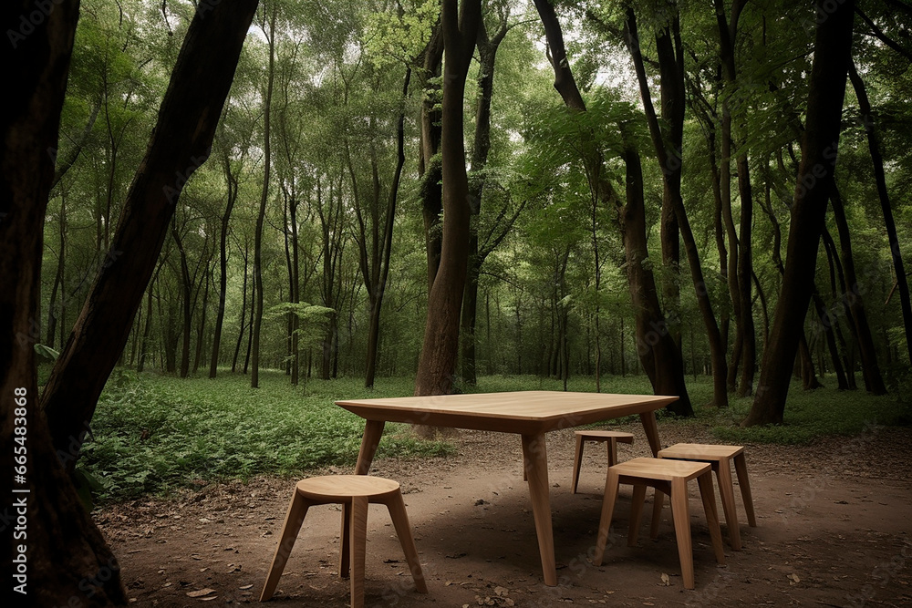 many different pieces of wooden furniture outside in nature, forest, outdoors