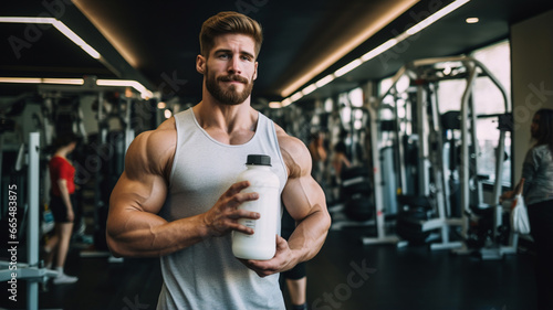 portrait of a handsome man in a gym with protein