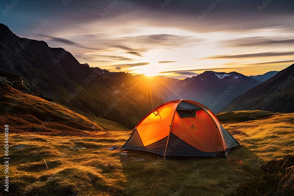 Morning serenity. Camping in heart of nature. Mountain adventure. Camping under starry sky. Wilderness getaway. Sunset by lake