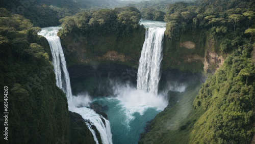 Epic drone footage of a massive waterfall surrounded by lush tropical rainforest in full flow.