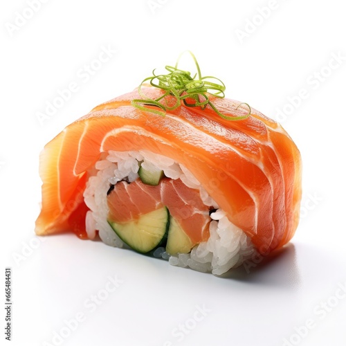 A sushi salmon on white background.