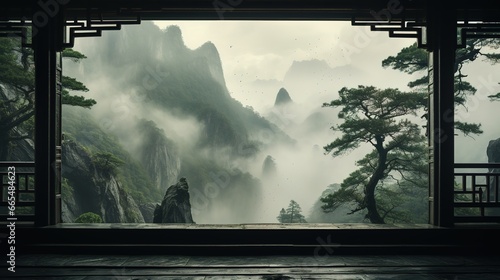 view of moutains, from a wooden window © Yi_Studio
