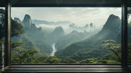 view of moutains, from a wooden window © Yi_Studio