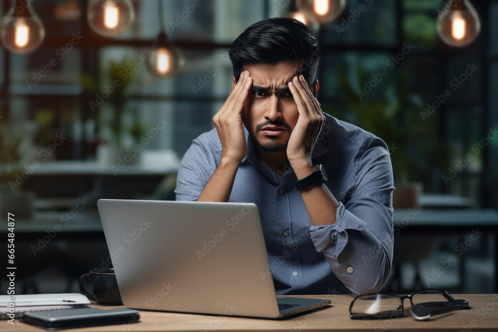 The young man is feeling headache or illness while working on the laptop. The young man is feeling headache or illness while working on the laptop.