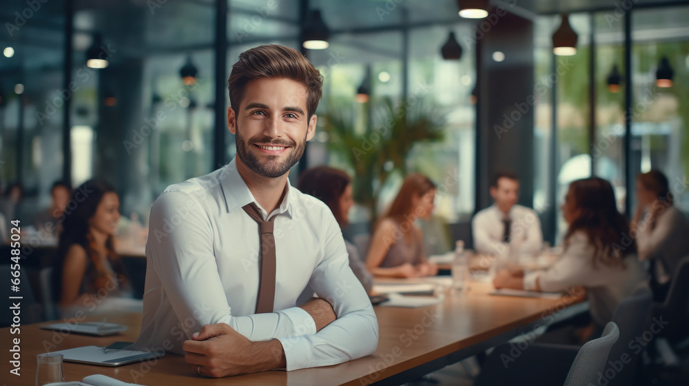 Young businessman sitting with his staff at office. Young businessman sitting with his staff at office.