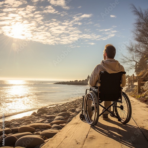 Man in Wheelchair on Boardwalk by the Ocean