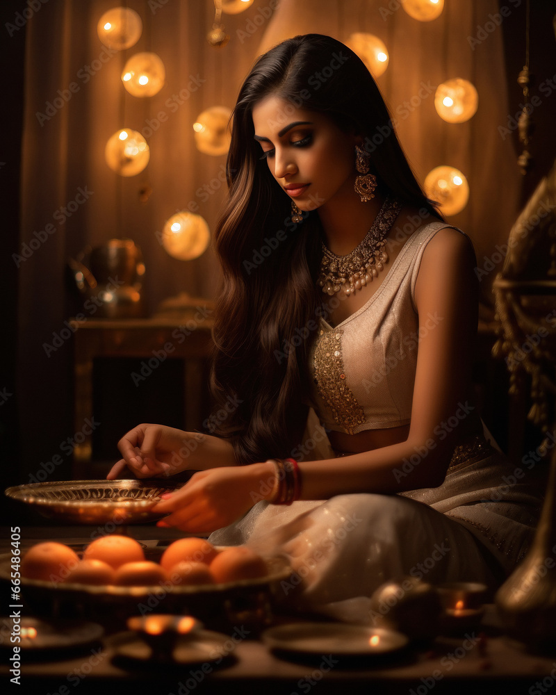 Young woman decorating home for diwali festival Young woman decorating home for diwali festival