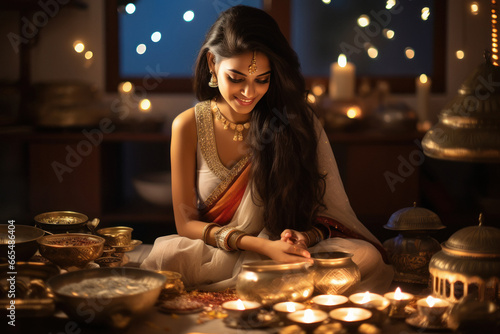 Young woman decorating home for diwali festival