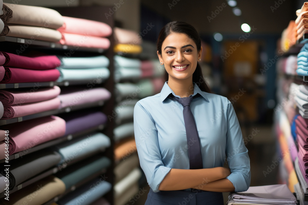 Young indian saleswoman standing at clothing store. - obrazy, fototapety, plakaty 