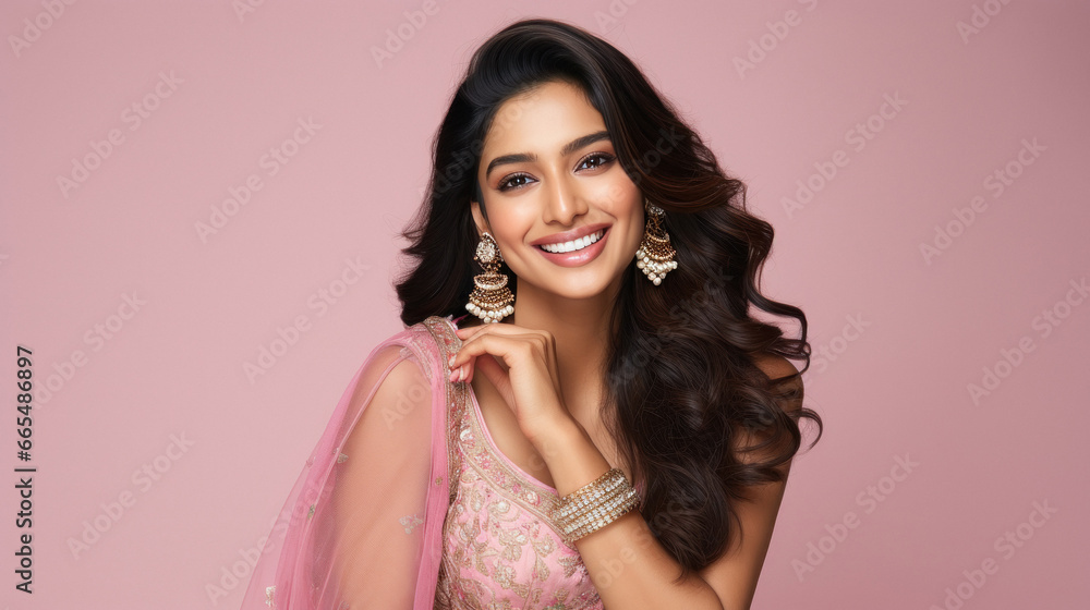 Beautiful and attractive indian woman wearing jewelery smiling. - obrazy, fototapety, plakaty 