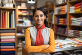 Young indian saleswoman standing at clothing store.