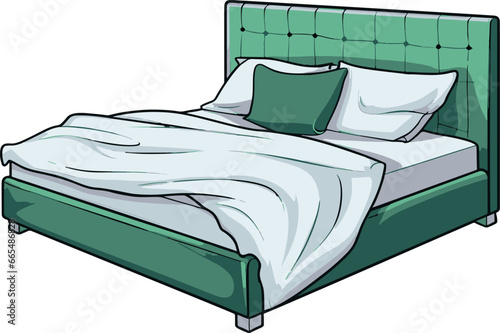 A visually appealing, minimalistic comic-style image of a bed, featuring flat colors and a simplistic vector design.