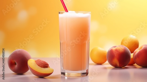 glass of fresh peach juice with a straw and fruits
