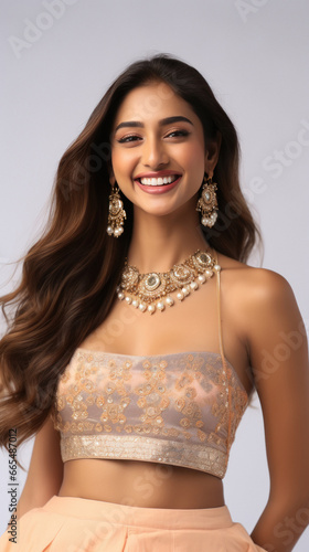 Beautiful and attractive indian woman wearing jewelery smiling.