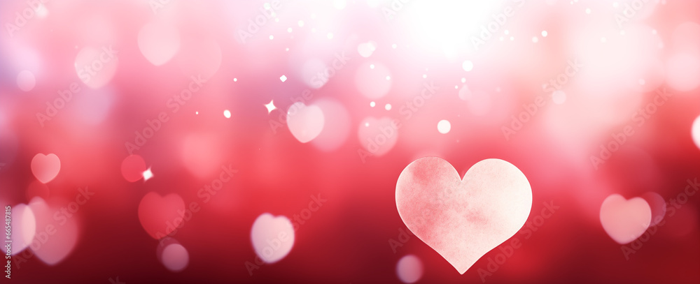 Valentines day pink background with hearts, stars. Bokeh lights. Love. Empty space for text. Generative AI