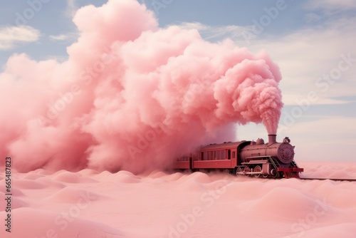 A vibrant locomotive roars through the sky, leaving a trail of pink clouds in its wake, as it speeds along the tracks, a mesmerizing fusion of power and whimsy photo