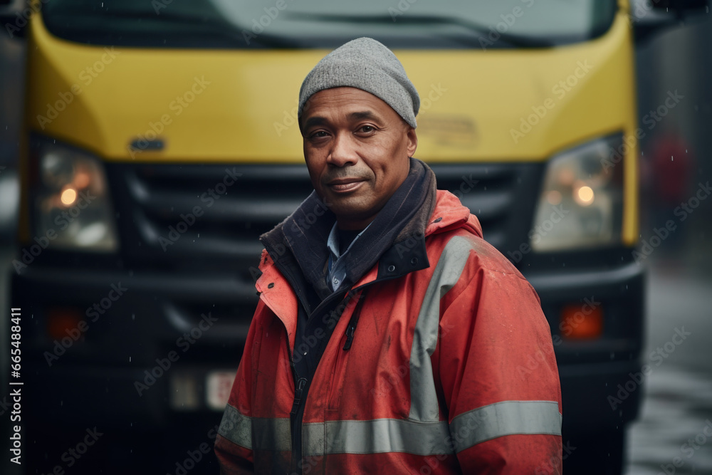 portrait d'un éboueur devant son camion en gilet jaune et tenue de travail le matin avant sa tournée portrait d'un éboueur devant son camion en gilet jaune et tenue de travail le matin avant sa tournée
