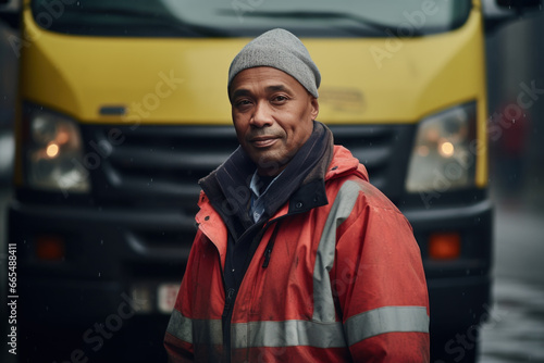 portrait d'un éboueur devant son camion en gilet jaune et tenue de travail le matin avant sa tournée