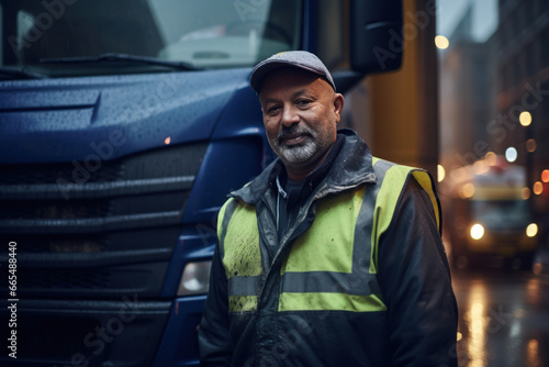 portrait d'un éboueur devant son camion en gilet jaune et tenue de travail le matin avant sa tournée © Sébastien Jouve