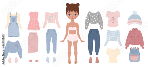 Paper doll clothes. Girl clothes.Set of clothes, dress, skirt, jeans, t shirt, shoes, hat, backpack. Vector illustration.Paper doll for children play. Cute fashion girl .Set of clothes for people