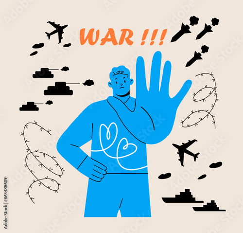 Man showing palm as stop. Stop war, no war concept. Colorful vector illustration