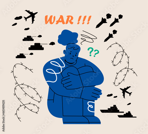 The threat of war. Psychological stress from the information war, Depression and harm to mental health. War fear concept. Colorful vector illustration