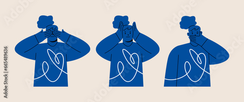 Woman covering his ears mouth and eyes as looking. Colorful vector illustration