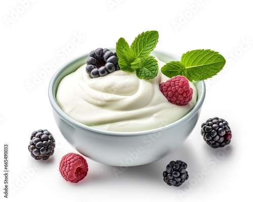 Green bowl of greek yogurt and fresh berries isolated on white background. photo