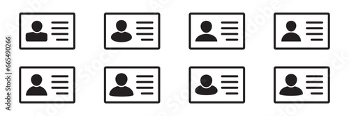 ID Card icon collection. Employee clerk card, driver license, Identification card, staff identification card symbol. Design for website and mobile app.