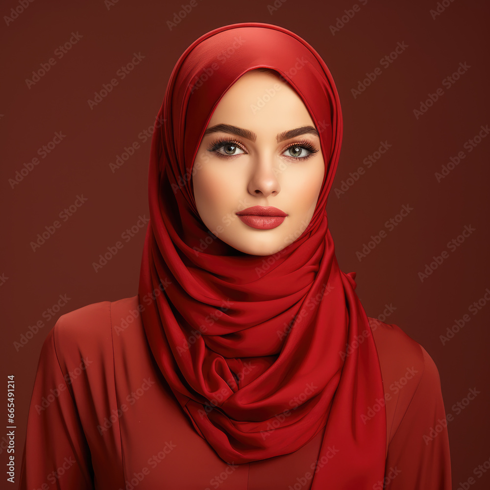beautiful women wearing red hijab on vivid color background beautiful women wearing red hijab on vivid color background