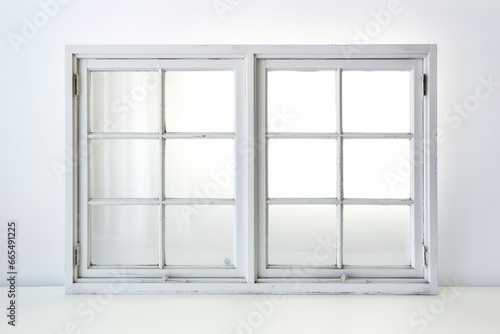 White window with white frame and white wall behind it.